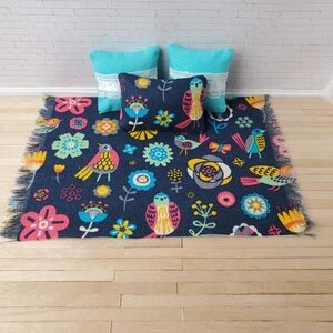 Miniature Dollhouse Bird Rug Pillows 1:12 Scale Navy Aqua